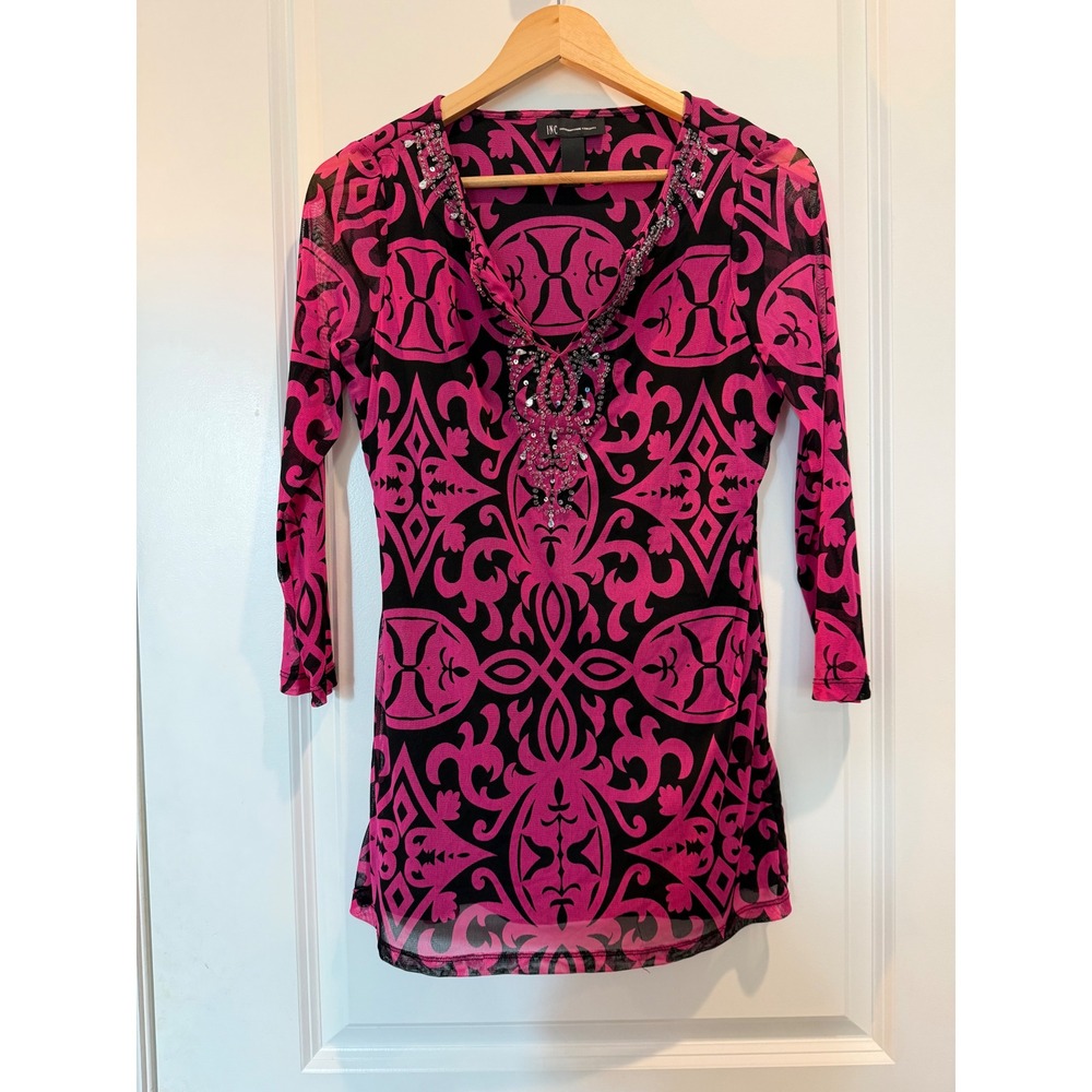 INC International Concepts Pink Black Mesh Beaded Tunic Top Small Damask Print
